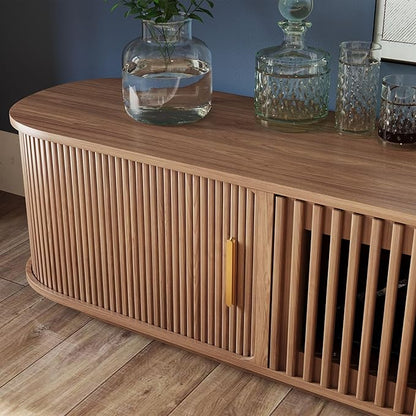 POVISON Fully-Assembled Mid-Century Modern Tambour Door TV Stand, Wood TV Console, Entertainment Center with Storage for 75 inch TV, Media Console for Living Room