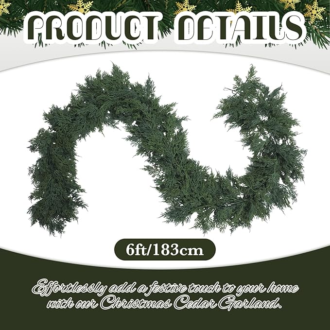Dingion 1 Pcs 6 ft Christmas Cedar Garland - Artificial Realistic Green Faux Cedar Pine Garland Soft and Thick for Home Table, Mantle, Wall, Door, Indoor & Outdoor Christmas Party Decorations