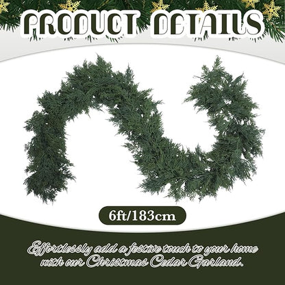 Dingion 1 Pcs 6 ft Christmas Cedar Garland - Artificial Realistic Green Faux Cedar Pine Garland Soft and Thick for Home Table, Mantle, Wall, Door, Indoor & Outdoor Christmas Party Decorations