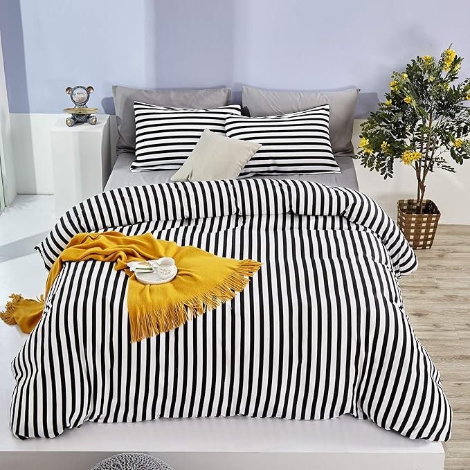 CLOTHKNOW Striped Comforter Set Twin/Twin XL 3Pcs Black and White Bedding Comforter Sets Farmhouse Comforter Soft Ticking Bedding with 2 x Pillow Cases