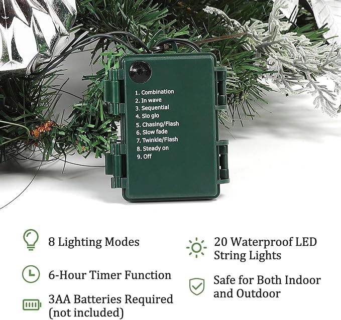 6FT Pre-Lit Christmas Garland with 20 LED Lights, Artificial Silver Garland with Pinecones, Berries, Silver Ornaments, Glitter Ribbons & Leaves, Battery Operated, for Mantle, Fireplace, Staircase,