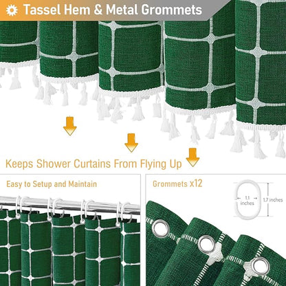 BTTN Extra Long Shower Curtain - 72x84 Inch Long Boho Chic Tassel Linen Fabric Shower Curtain Set with Hook, Tall Modern Farmhouse Elegant Heavy Duty Cloth Shower Curtains for Bathroom - Emerald Green