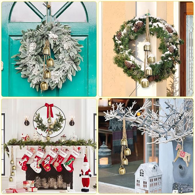 Styleonme Decorative Bells, Christmas Decor, Huangma Hanging Rope Metal Decorative Bull Bells, 4 * 2 Piece Set of Harmonious Bells, Vintage Handmade Rustic Lucky Christmas Bells