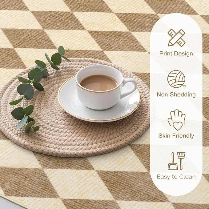 LIVEBOX 5x7 Checkered Rugs for Living Room, Washable Diamond Rug Non-Slip Modern Neutral Geometric Plaid Area Rugs for Bedroom Boys, Low Pile Farmhouse Carpet for Dinning Room Classroom, Brown