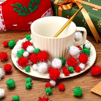 UPINS 600 Pcs Christmas Pom Poms Balls, Glitter Red Green White Craft Balls for Christmas Party DIY Creative Crafts Decorations Supplies (3 Size)
