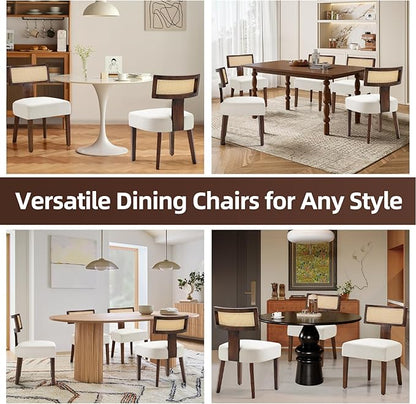 Upholstered Rattan Dining Chairs Set of 4, Mid-Century Modern Fabric Dining Room Chair with Brown Hardwood Frame, Curved Backrest Kitchen Chairs for Living Room (Cream)