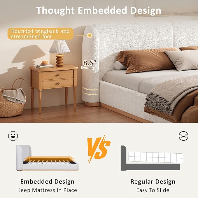 Queen Size Bed Frame, Upholstered Cloud Boucle Platform Beds Frames with Headboard, Anti-Collision Soft Rounded Corners Footboard, No Box Spring Required, Easy Assembly (36" White, Queen)