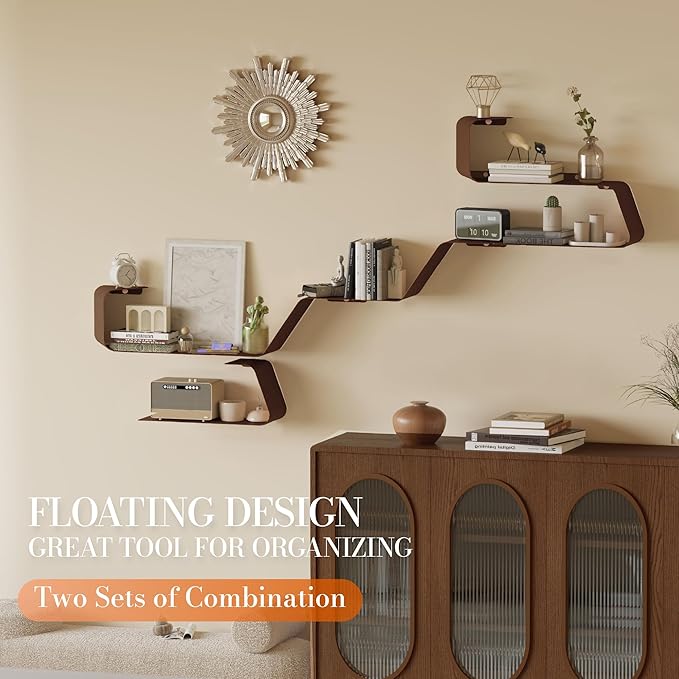 Floating Wall Shelves Set of 3, Metal Mounted Shelf with Unique Design, Bookshelf for Storage & Display in Bathroom, Bedroom, Kitchen, Living Room, Brown Home Decor