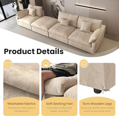 Cloud Couch Modular Sectional Sofa,156" L Shaped Couch, Oversized Down Filled Convertible Wide Seater,4 Seater with Ottoman for Living Room Set, Covers Washable&Replaceable,Khaki