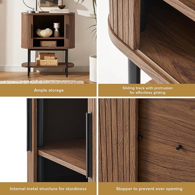 mopio Quin Storage Cabinet, Tambour Fluted Entryway Accent Sofa Tables, Buffet Sideboard with Doors & Shelves, Pantry Coffee Wine Bar Cabinet, Wood Console Table, Mid Century Modern (Walnut)