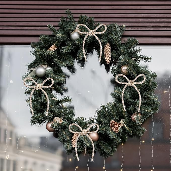 FLAIR GIFTS 6 Pcs 4.3" x 6" 2025 Christmas Bows for Tree Decor, Champagne Gold and Silver Sparkly Glitter Rhinestone Bow Ornaments with Twist Tie for Xmas Decoration, Wreath, Garland, Gift Wrapping