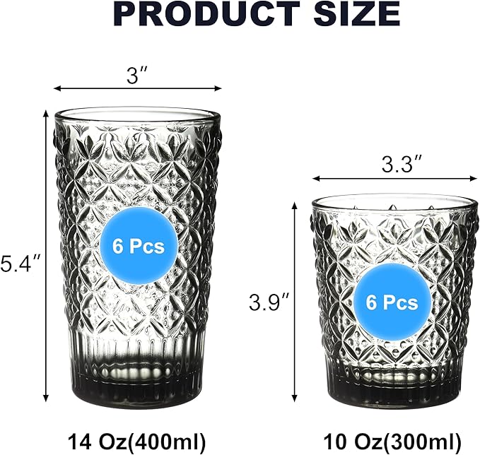 Grey Drinking Glasses Set of 12, 14 Oz Highball & 10 Oz Cocktail Glasses, Grey Kitchen Vintage Glassware Set, Floral Embossed Glass Tumbler Cups for Juice, Whiskey, Water, Beer, Coffee