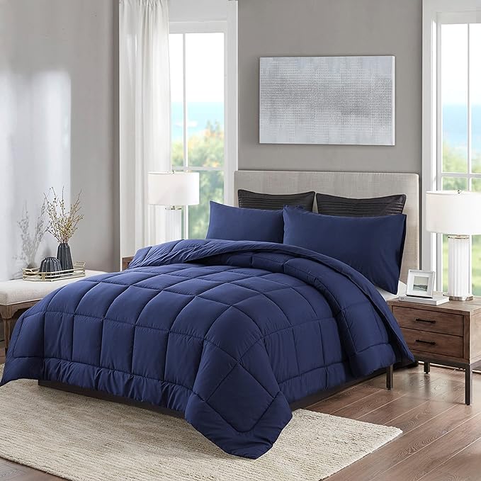 DOWNCOOL Queen Comforter Set -All Season Bedding Comforters Sets with 2 Pillow Cases -3 Pieces Bedding Sets Queen -Down Alternative Navy Comforter Set for Queen Size Bed(88"x90")