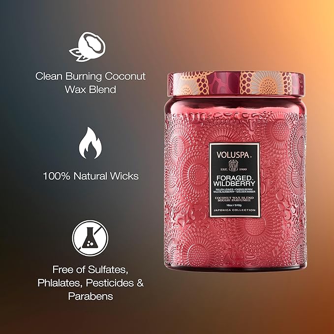 Voluspa Foraged Wildberry Large Jar Candle, 18 oz, Coconut Wax Blend, Berry Scented Candle for Home, 100 Hour Burn Time, Handcrafted in The USA