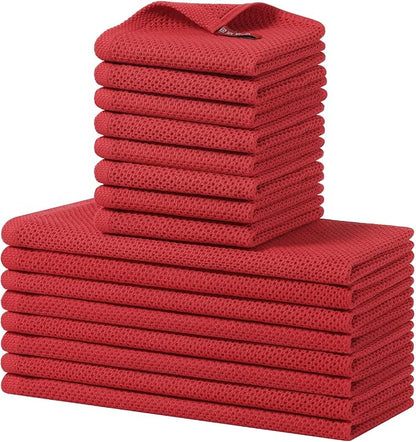 Homaxy 100% Cotton Kitchen Towels and Dishcloths Set, 12 x 12 Inches and 13 x 28 Inches, Set of 16 Bulk Kitchen Towels Set, Ultra Soft Absorbent Dish Cloths for Washing Dishes, Red