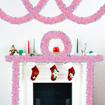 50 FT Pink Christmas Tinsel Garland Christmas Decorations for Xmas Tree Decor, Shiny Iridescent Metallic Twist Hanging Tinsel Garlands for Stairs Mantle Fireplace Home Indoor Holiday Party Supplies