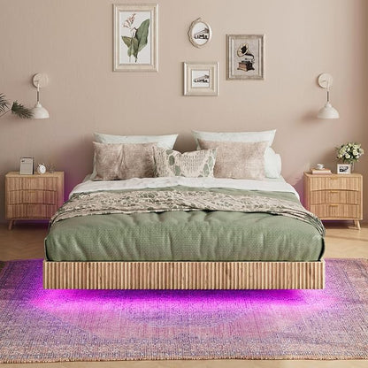 Evermagin Natural Queen Floating Bed Frame with led Lights, Bohemia Fluted Floating Platform Bed No Headboard, Heavy Duty Metal Float Bedframe, No Box Spring Needed