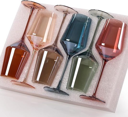 Colored Wine Glasses Set of 6-15oz Hand Blown Colored Crystal Red Wine Glasses with Stem for Party Bar
