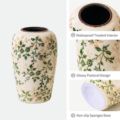 Vintage Pastoral Green and Beige Flower Vase, Ceramic Floral Vases, Retro Ice Cracked Chinoiserie Vase for Home Cottage Core Decor, Bookshelf, Office, Mantel, Wedding Rustic Table Centerpiece 8.5 Inch