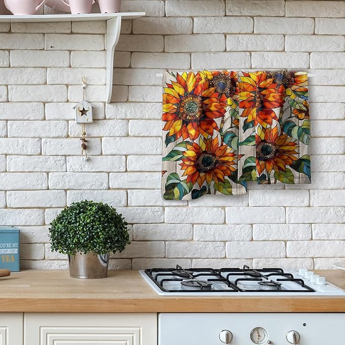 Sunflower Kitchen Towels Set of 2 Retro Barn Wooden Floral Country Spring Summer 14x28 Tabletop Decor Sunflower