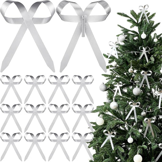 12 Pcs 2025 Metal Christmas Bow Ornaments for Christmas Tree Garland Wreath Bulk Bow with Clip Ornament Vintage Indoor Outdoor Home Xmas Party Decorations, 4 x 5 Inches (Silver)