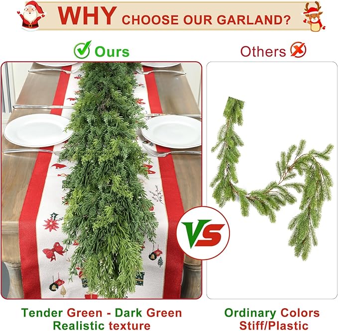 6 Ft Real Touch Christmas Garlands,Thick and Lush，Soft Bendable, Pine Cedar Garland Artificial Realistic, guirnaldas navideñas，Christmas Garland for Mantle,Outdoor Indoor Christmas Decorations