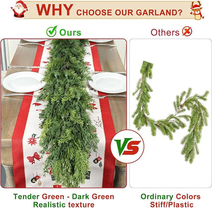 6 Ft Real Touch Christmas Garlands,Thick and Lush，Soft Bendable, Pine Cedar Garland Artificial Realistic, guirnaldas navideñas，Christmas Garland for Mantle,Outdoor Indoor Christmas Decorations