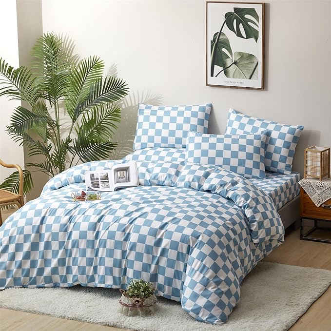 CLOTHKNOW Blue White Plaid Twin/Twin XL Comforter Set 3Pcs Grid Bedding Comforter Sets Blue Comforter Soft Lake Blue Comforter Sets Twin