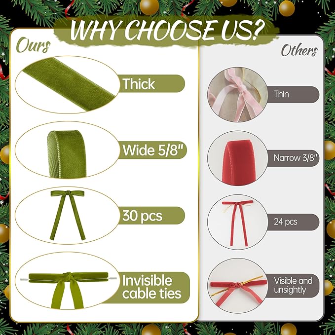 AYGXU 30pcs Velvet Bows for Christmas Tree Decorations,Twist tie Bows,Vintage Christmas Bow Decor,premade Bow for Gift Wrapping,Table,Garland,Fireplace Decor.Olive Green(5/8" W,5.1 * 7in)