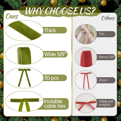 AYGXU 30pcs Velvet Bows for Christmas Tree Decorations,Twist tie Bows,Vintage Christmas Bow Decor,premade Bow for Gift Wrapping,Table,Garland,Fireplace Decor.Olive Green(5/8" W,5.1 * 7in)