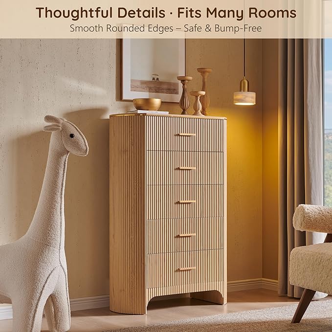 Fluted 5 Drawer Tall Dresser with Curved Profile,47.8" Tall Drawers with Reeded Texture,Gold Handles Storage Organizer Cabinet for Bedroom,Living Room,Entryway,Natural Oak