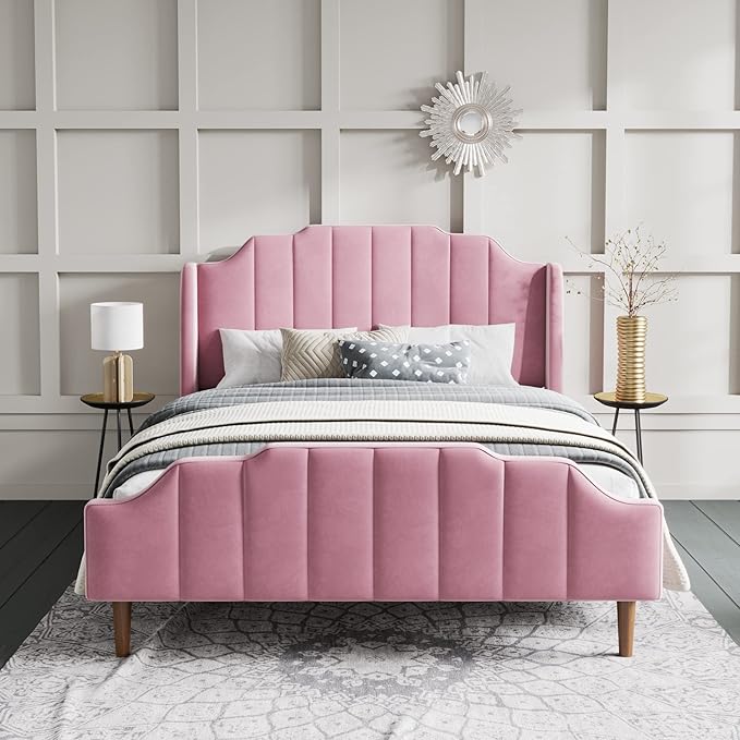 SHA CERLIN Upholstered Queen Size Bed Frame with Modern Curved Velvet Wingback Headboard, Heavy Duty Wood Platform Bed with Strong Wood Slat Support, No Box Spring Needed, Pink