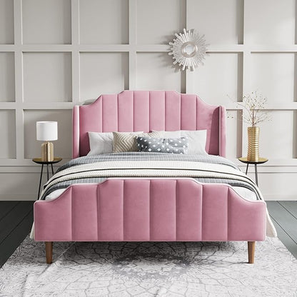 SHA CERLIN Upholstered Queen Size Bed Frame with Modern Curved Velvet Wingback Headboard, Heavy Duty Wood Platform Bed with Strong Wood Slat Support, No Box Spring Needed, Pink