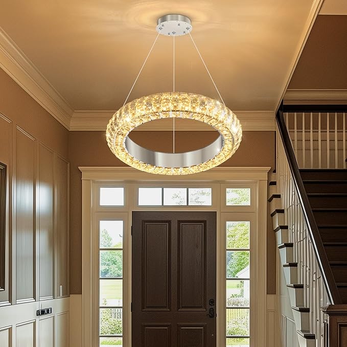 16" Ring Modern LED Dimmable Crystal Chandelier Adjustable Height Pendant Light Round Crystal Chandelier Light Fixtures for Dining Room Living Room Kitchen Island Silver
