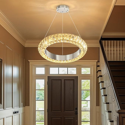 16" Ring Modern LED Dimmable Crystal Chandelier Adjustable Height Pendant Light Round Crystal Chandelier Light Fixtures for Dining Room Living Room Kitchen Island Silver