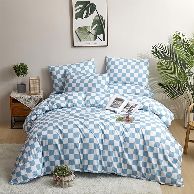CLOTHKNOW Blue White Plaid Full Size Comforter Sets Grid Bedding Comforter Sets All Season Soft Checker Comforter with 2 x Pillow Cases