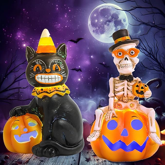Vintage Halloween Decorations Indoor - 2-Pack 4.7'' Resin Skeleton Gentleman & Black Cat Figurine with Flickering Pumpkin Lights - Halloween Table Decor Gifts (Jack-O’-Lantern)