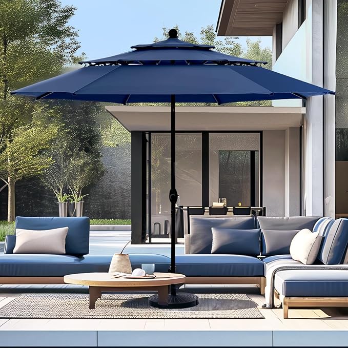 PHI VILLA 10ft Outdoor Patio Umbrellas for Outside, 3 Tier Vented Market Table Umbrella Windproof for Backyard, Deck, Garden, 1.5" Pole, Dark Blue（No Base）