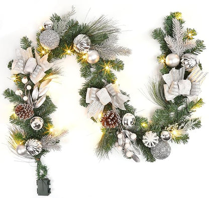 6FT Pre-Lit Christmas Garland with 20 LED Lights, Artificial Silver Garland with Pinecones, Berries, Silver Ornaments, Glitter Ribbons & Leaves, Battery Operated, for Mantle, Fireplace, Staircase,