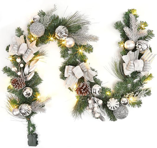 6FT Pre-Lit Christmas Garland with 20 LED Lights, Artificial Silver Garland with Pinecones, Berries, Silver Ornaments, Glitter Ribbons & Leaves, Battery Operated, for Mantle, Fireplace, Staircase,
