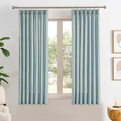 Light Blue Linen Pinch Pleat Curtains 63 Inches Long Pleated Semi Sheer Textured Drapes Hooks Back Tab Coastal Modern Light Filtering Curtain 2 Panels for Living Room Bedroom Office 42x63