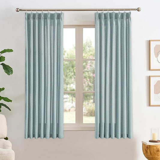 Light Blue Linen Pinch Pleat Curtains 63 Inches Long Pleated Semi Sheer Textured Drapes Hooks Back Tab Coastal Modern Light Filtering Curtain 2 Panels for Living Room Bedroom Office 42x63