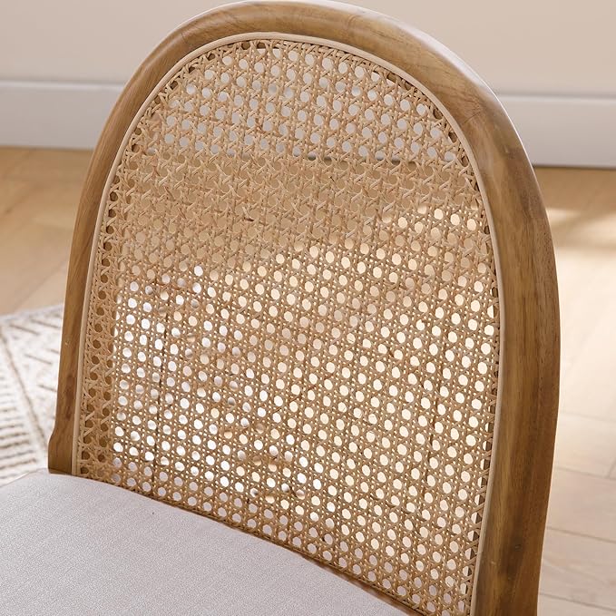 Upholstered Wooden Dining Chairs Set of 4, Farmhouse Kitchen & Dining Room Chairs with Cane Back, Accent Dining Table Chairs Beige Linen Seat for Kitchen/Restaurant/Living Room, Beige