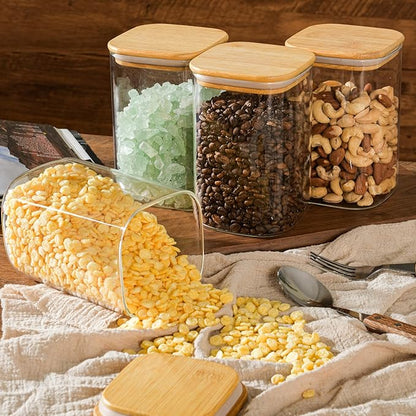 37oz Airtight Glass Square Storage Canister with Bamboo Lid Set of 4 (1100ml) Container Stackable Jar, Kitchen Canister for Pantry Noodles, Flour and Coffee beans (‎with Black Lable)