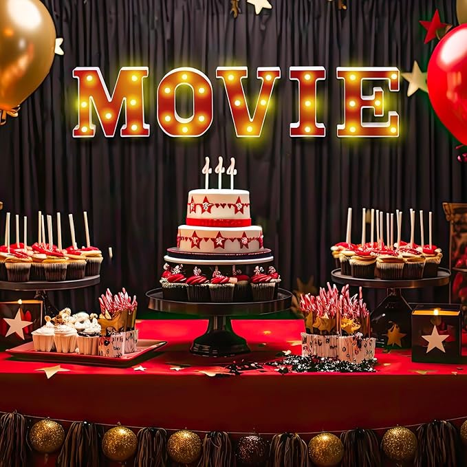 Movie Night Light up Letters Sign Party Decor Battery Powered Marquee Lighted Sign Alphabet LED Letter Lights for Xmas Movie Night Theme Party Birthday Home Tabletop Decor Supplies Xmas Gift