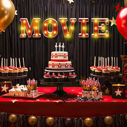 Movie Night Light up Letters Sign Party Decor Battery Powered Marquee Lighted Sign Alphabet LED Letter Lights for Xmas Movie Night Theme Party Birthday Home Tabletop Decor Supplies Xmas Gift