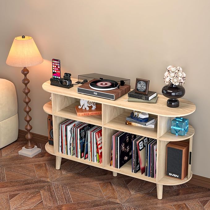 Large Round Record Player Stand with Charging Station & USB Ports，Record Storage Cabinet, Mid Century Modern Turntable Stand Console for Bedroom Living Room (Oak)