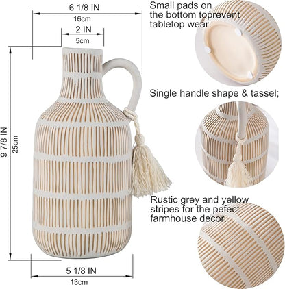 Farmhouse Vase with Handle and Tassel, Grey Yellow Vertical Stripes Design Clay Vase 10'' Tall - Ceramic Flower Vase for Rustic Home Decor, for Fireplace Kitchen Living Room Centerpieces