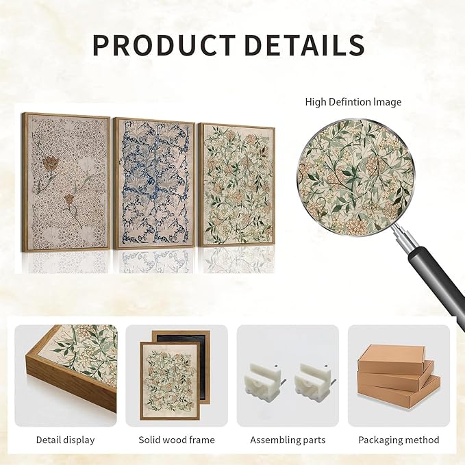 ILLBDR Vintage Framed Wall Art Abstract Floral Canvas Wall Art Set of 3 Boho Botanical Prints Gallery Artwork Neutral Flower Pictures Decor for Bedroom Living Room 12x16 Inch