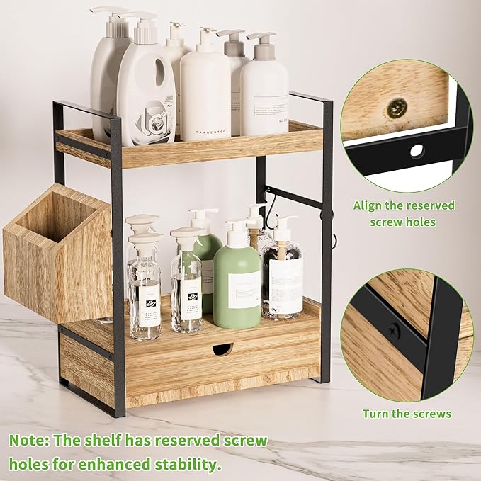 2-Tier Bathroom Counter Organizer with Drawer and Basket, Wood Countertop Organizer for Storage, Skincare Organizers for Vanity, Counter Shelf for Bathroom Organization